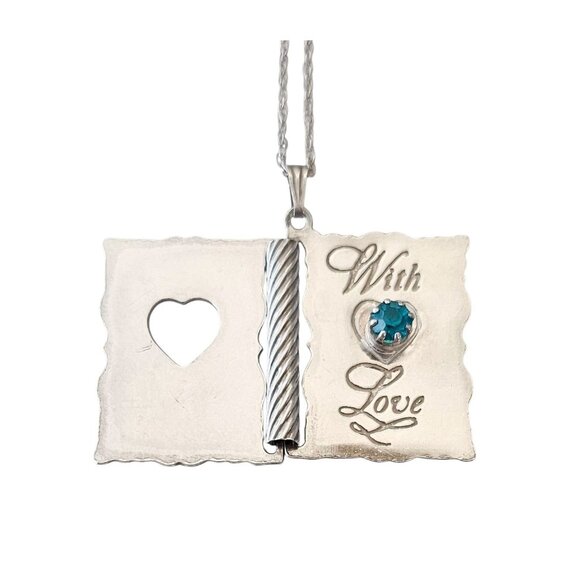 Sterling Silver Articulated Book Pendant Blue Glass Stone Chain Necklace, J36 - Picture 2 of 8